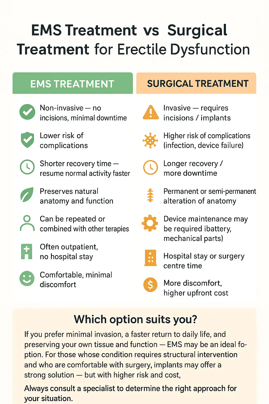 A table showing the benefits of EMS chair for erectile dysfunction treatment Bournemouth compared to surgery.